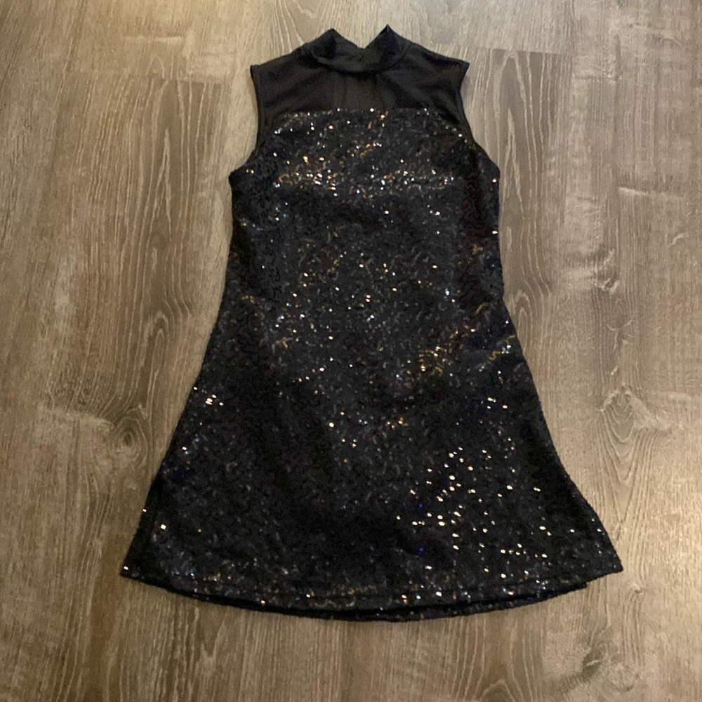 ‼️Black Sequin Dress Dance Costume, w/slits, briefs attached, size LC